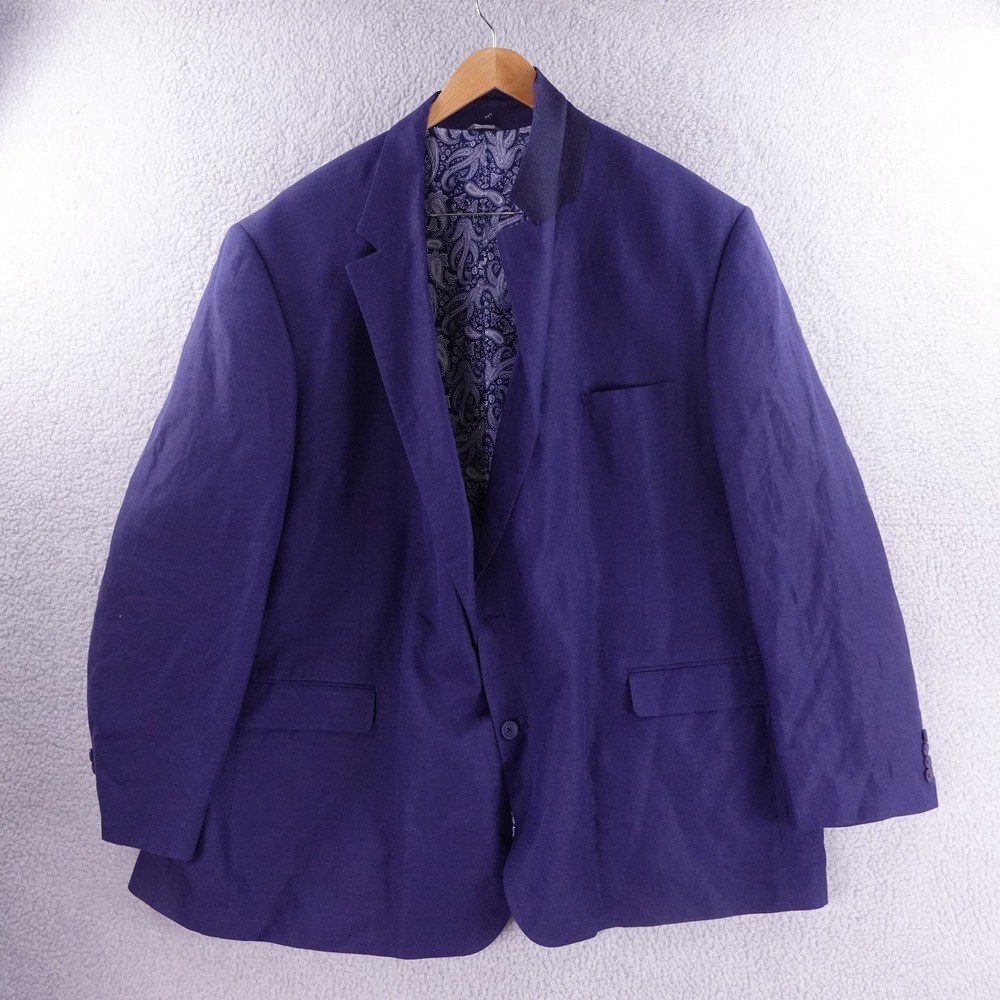 Oak Hill Mens Blue Linen Blend Paisley Lined Blazer Sport Coat 4XLT 58/60